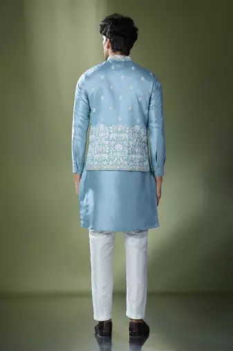 Blue embroidered kurta-jacket set