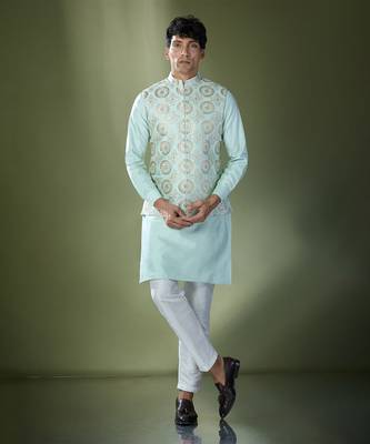 Sea green embroidered kurta-jacket set 1