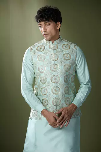 Sea green embroidered kurta-jacket set
