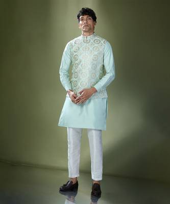 Sea green embroidered kurta-jacket set 3