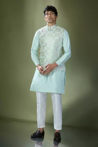 Sea green embroidered kurta-jacket set