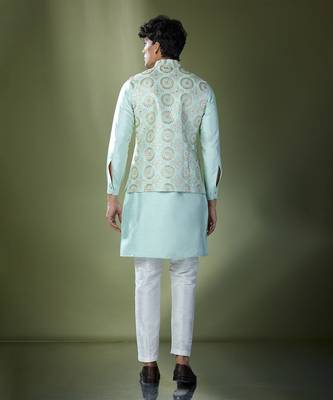 Sea green embroidered kurta-jacket set 4