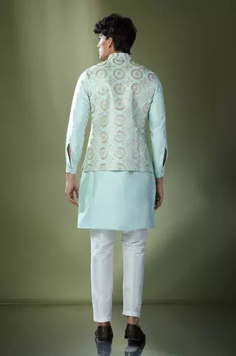 Sea green embroidered kurta-jacket set
