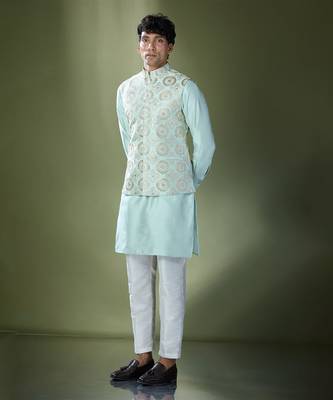 Sea green embroidered kurta-jacket set 5
