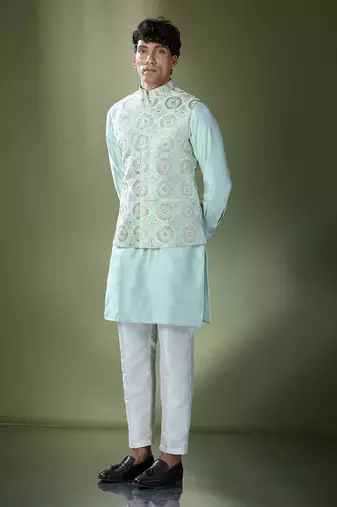 Sea green embroidered kurta-jacket set