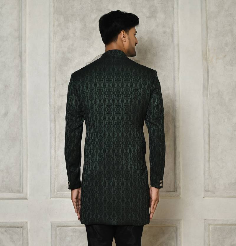 Bottle green indo western Sherwani Jaquard Woven Floral Mandala Flower Pattern