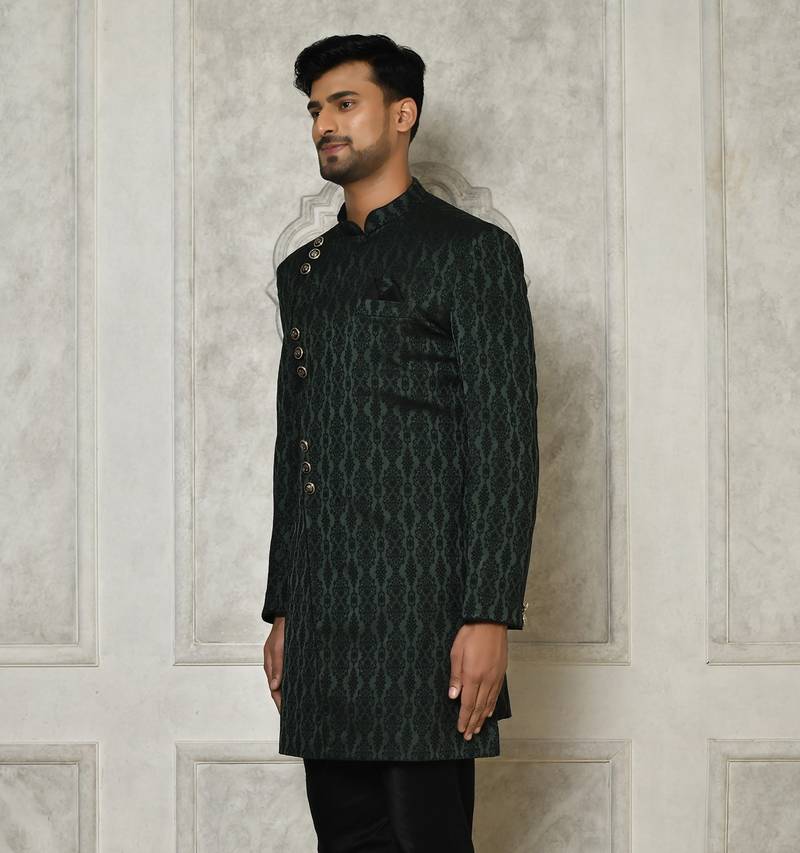 Bottle green indo western Sherwani Jaquard Woven Floral Mandala Flower Pattern