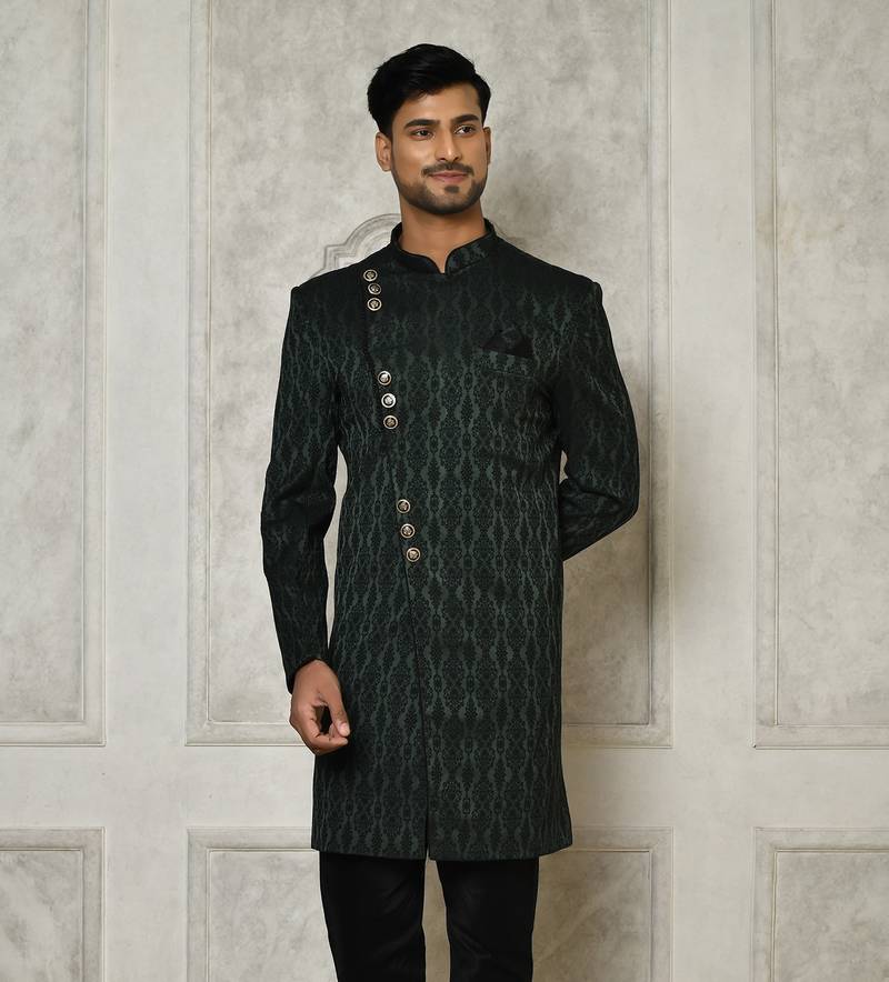 Bottle green indo western Sherwani Jaquard Woven Floral Mandala Flower Pattern