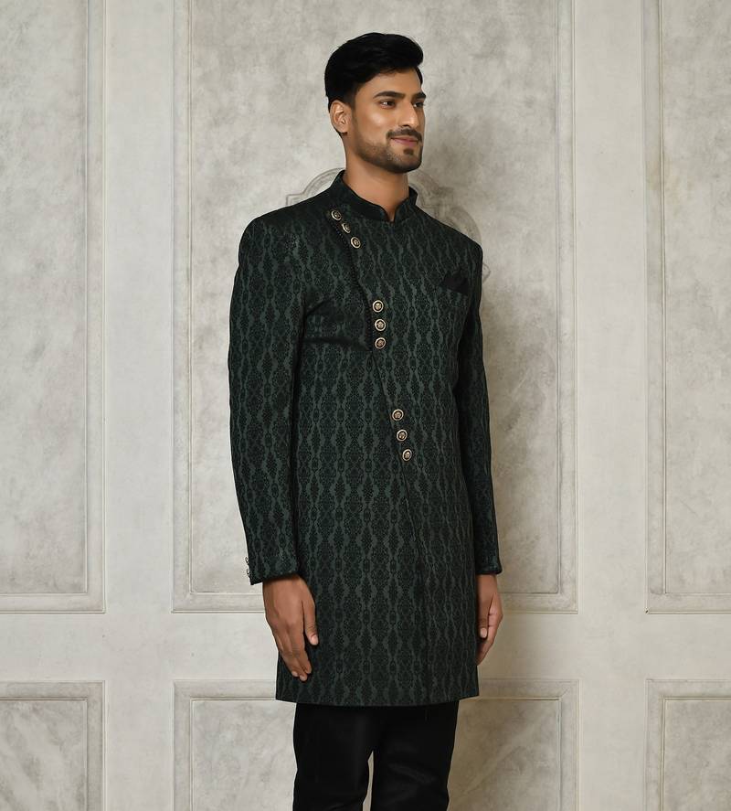 Bottle green indo western Sherwani Jaquard Woven Floral Mandala Flower Pattern