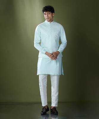 Aqua blue embroidered kurta-jacket set 1