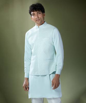 Aqua blue embroidered kurta-jacket set 2
