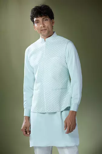 Aqua blue embroidered kurta-jacket set