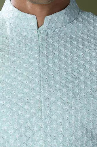 Aqua blue embroidered kurta-jacket set