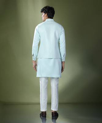Aqua blue embroidered kurta-jacket set 4
