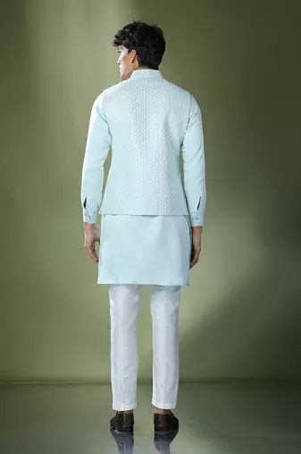 Aqua blue embroidered kurta-jacket set