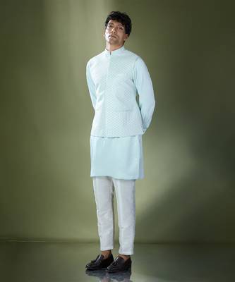 Aqua blue embroidered kurta-jacket set 5