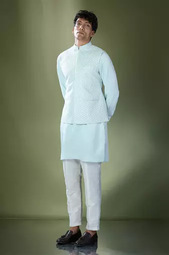 Aqua blue embroidered kurta-jacket set