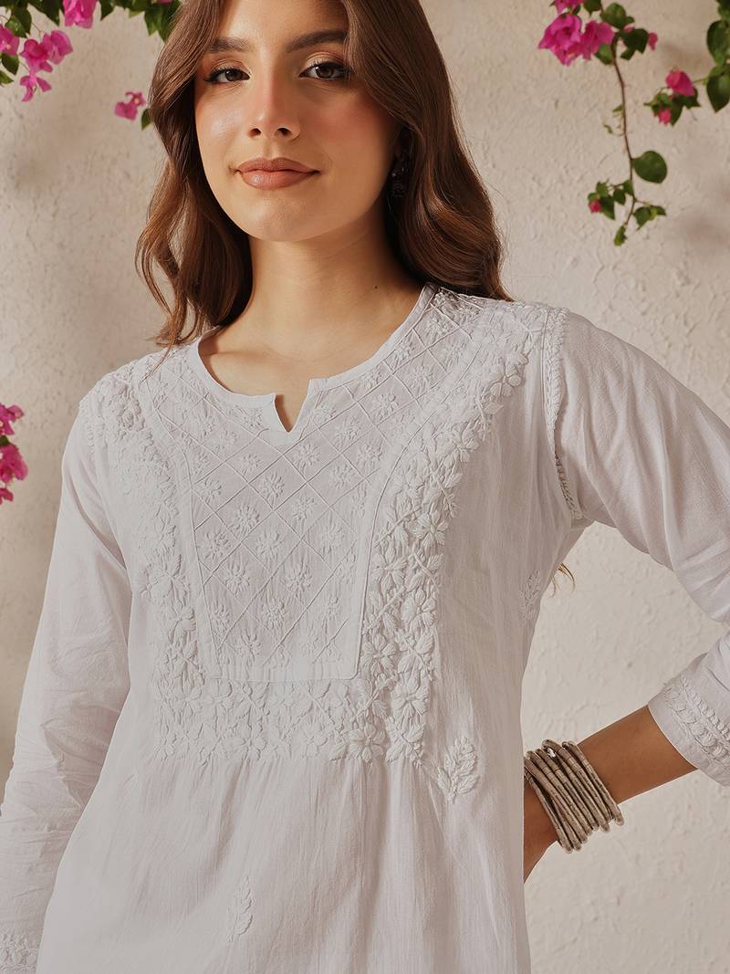 Hand embroidered white cotton lucknowi chikankari short kurti
