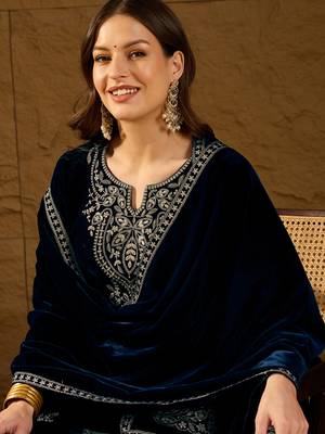 Women navy blue velvet solid embroidered straight kurta trousers with dupatta 7