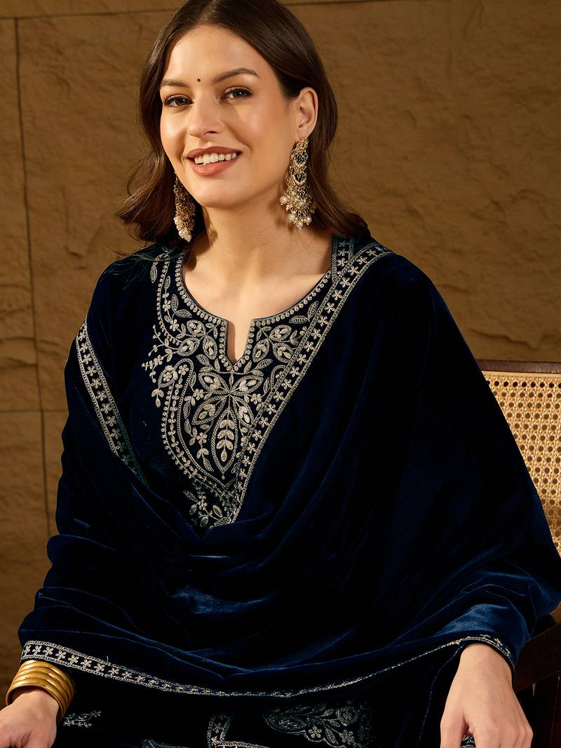 Women navy blue velvet solid embroidered straight kurta trousers with dupatta
