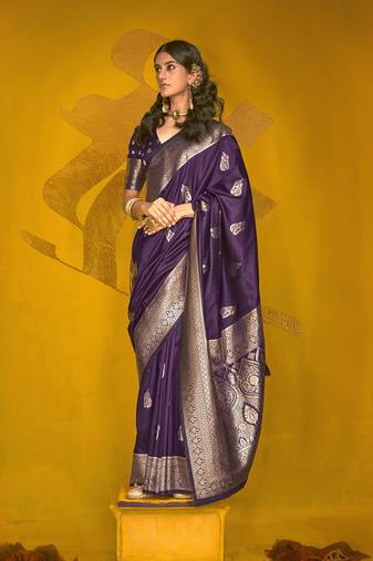 Dark purple color silk blend saree with zari weave