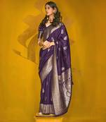 Dark purple color silk blend saree with zari weave