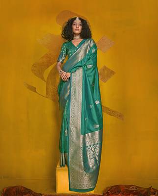 Turquoise color silk blend saree with zari weave 1