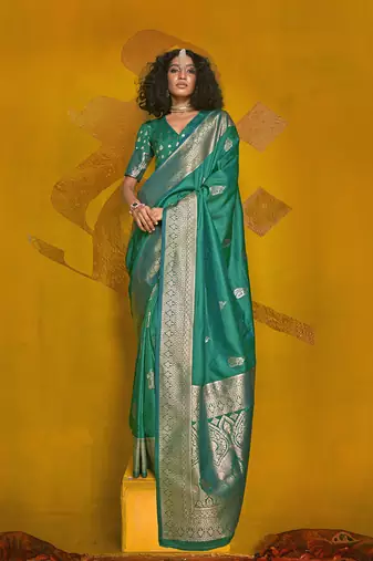 Charming turquoise  color silk saree with fine zari weave