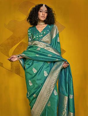 Turquoise color silk blend saree with zari weave 2