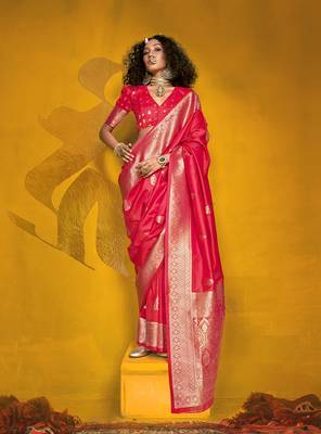 Bright red color silk blend saree with zari weave 1