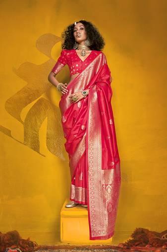 Bright red color silk blend saree with zari weave