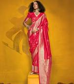 Bright red color silk blend saree with zari weave