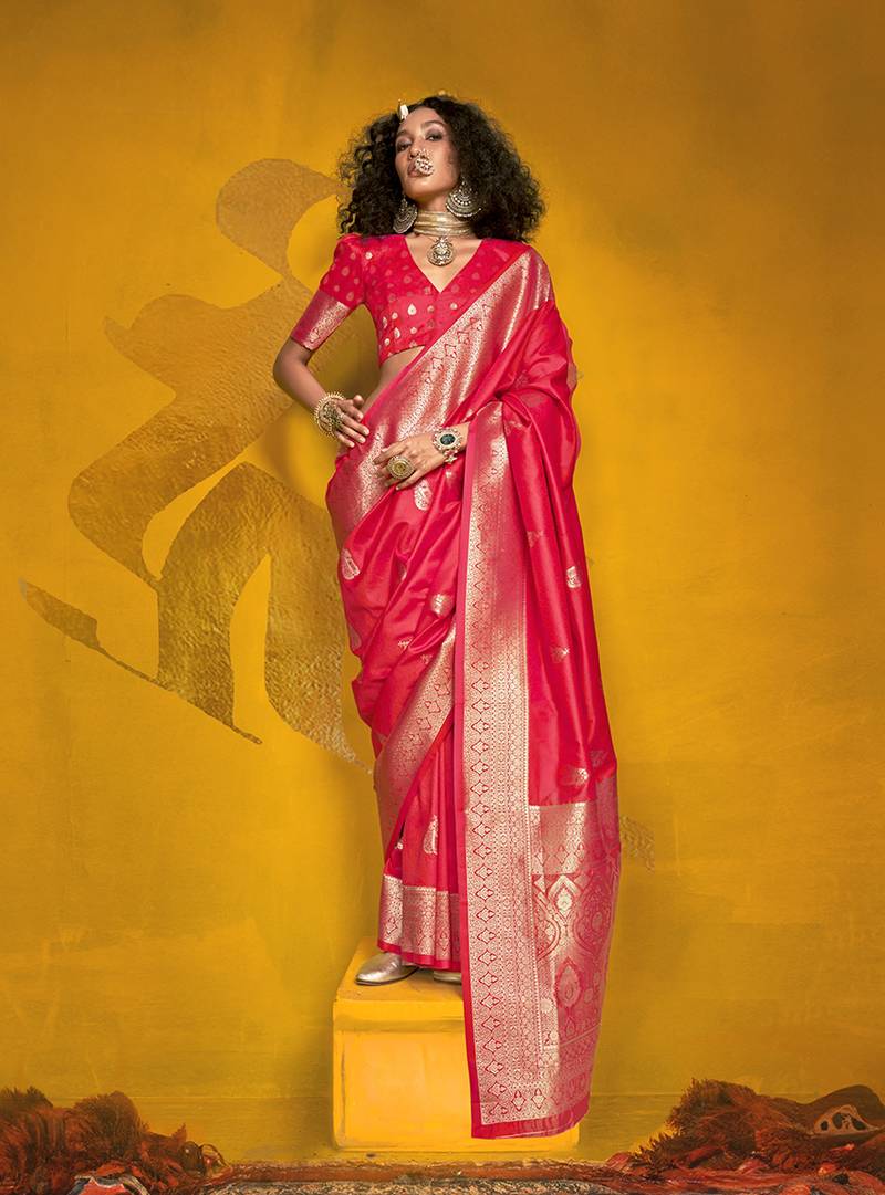 Charming bright red color silk saree with fine zari weave