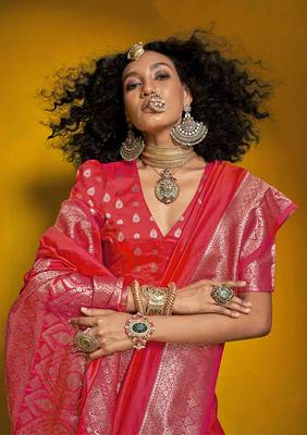 Bright red color silk blend saree with zari weave 2