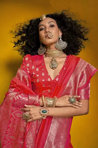 Bright red color silk blend saree with zari weave