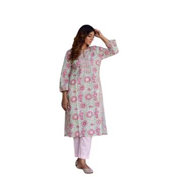 Side slits straight floral print mint pure cotton kurta 1