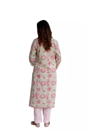 Side slits straight floral print mint pure cotton kurta