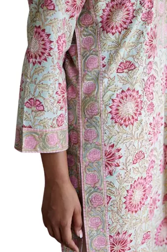 Side slits straight floral print mint pure cotton kurta
