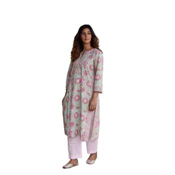 Side slits straight floral print mint pure cotton kurta 4