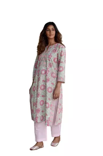 Side slits straight floral print mint pure cotton kurta