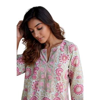 Side slits straight floral print mint pure cotton kurta 5