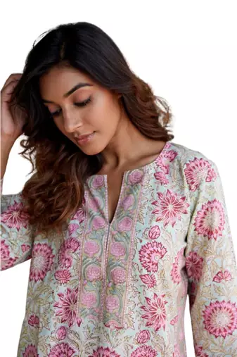 Side slits straight floral print mint pure cotton kurta