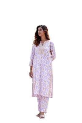 Light purple side slit straight floral print pure cotton kurta 1