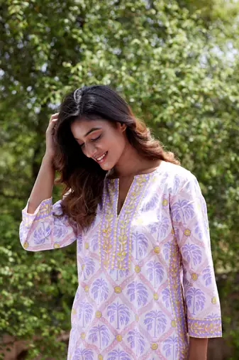 Light purple side slit straight floral print pure cotton kurta