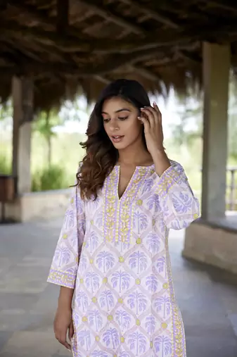 Light purple side slit straight floral print pure cotton kurta
