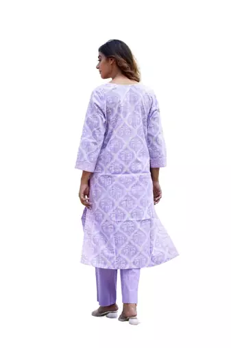 Purple side slit straight floral print pure cotton kurta