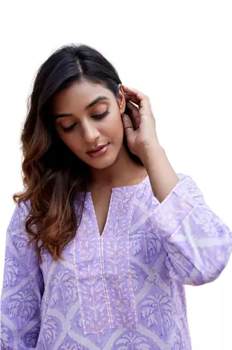 Purple side slit straight floral print pure cotton kurta