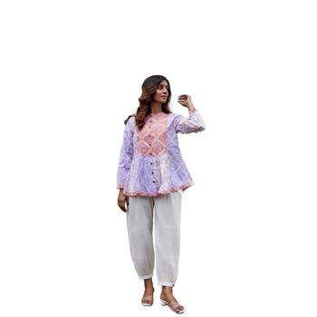 Block print button in front pure cotton multicolored full sleeves boho palm top 1