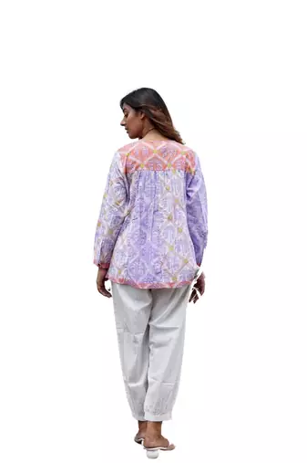Block print button in front pure cotton multicolored full sleeves boho palm top