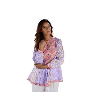 Block print button in front pure cotton multicolored full sleeves boho palm top 3